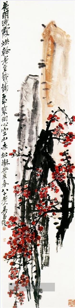Wu cangshuo rote Pflaume blühen 2 alte China Tinte Ölgemälde